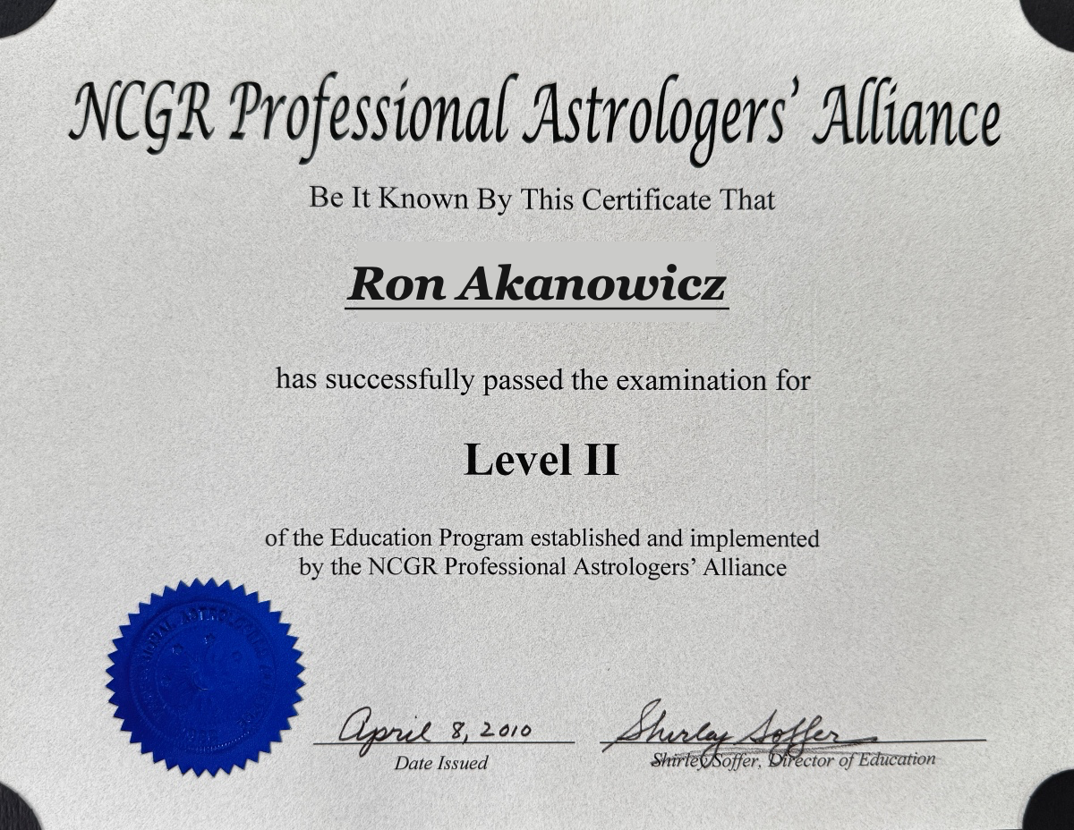 NCGR Professional Astrologers' Alliance Level II certificate