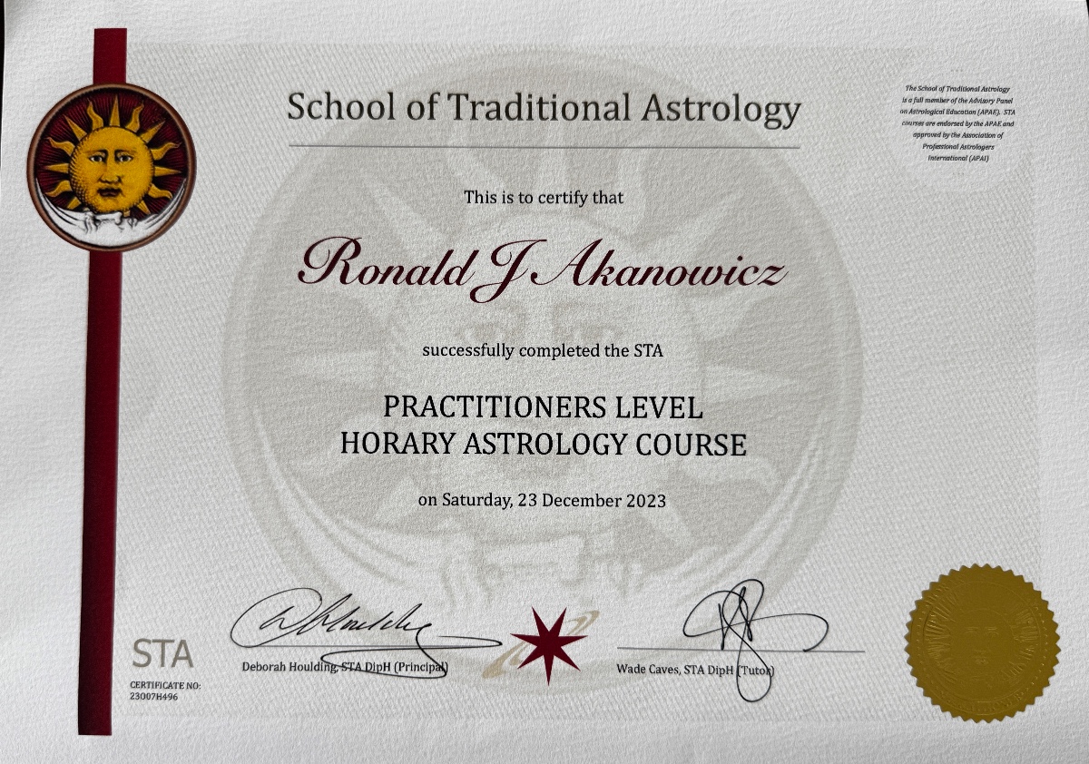 STA Practitioners Level Horary Astrology Course certificate